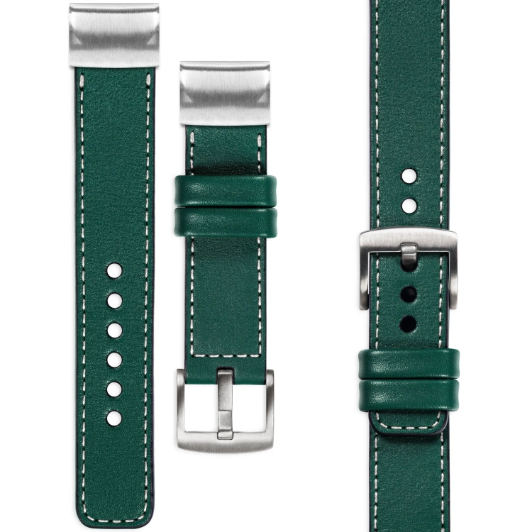 moVear Prestige C1 Lederarmband für Garmin QuickFit 22mm (Fenix / Forerunner / Epix / Instinct / Enduro / Quatix / MARQ - 47/45mm) Flaschengrün, Flaschengrün Nähte [Größen XS-XXL und Schnalle zur Auswahl]