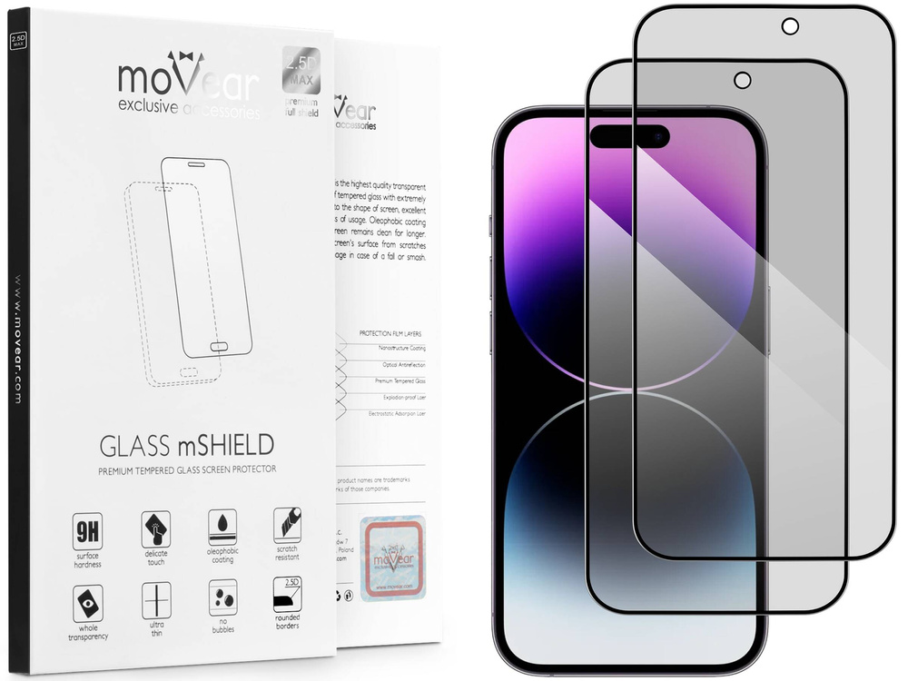 2 Stk. | moVear GLASS mSHIELD 2.5D MAX privacy für Apple iPhone 14 Pro Max (6.7") | (Privatisierung, Handyhülle freundlich)