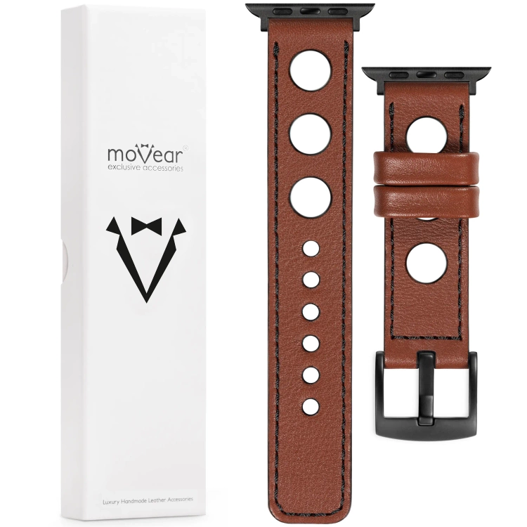 moVear Prestige R1 24mm Brown Leather strap for Apple Watch 10 / 9 / 8 / 7 / 6 / 5 / 4 / SE (46/45/44mm) & Ultra (49mm) | Brown stitching [sizes XS-XXL and buckle to choose from]