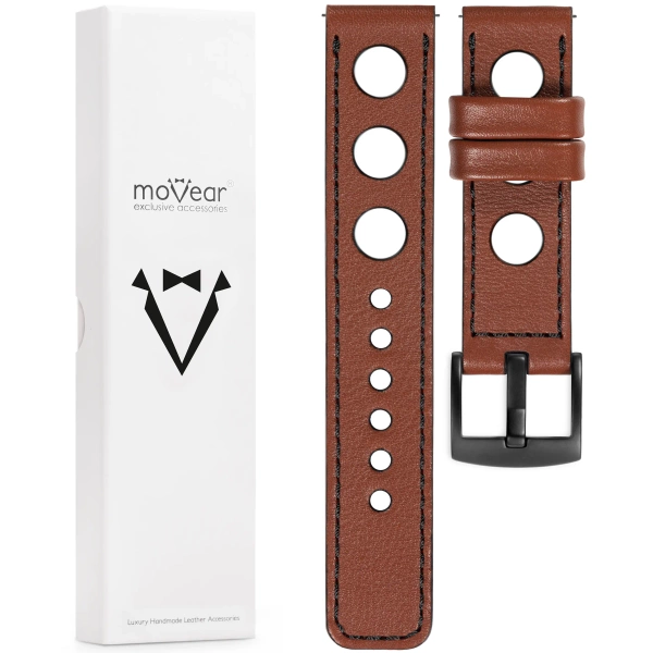 moVear Prestige R1 20mm Brown Leather strap for Samsung Galaxy Watch 7 / 6 / 5 / 4 / 3 & Pro / FE / Classic / Active | Brown stitching [sizes XS-XXL and buckle to choose from]