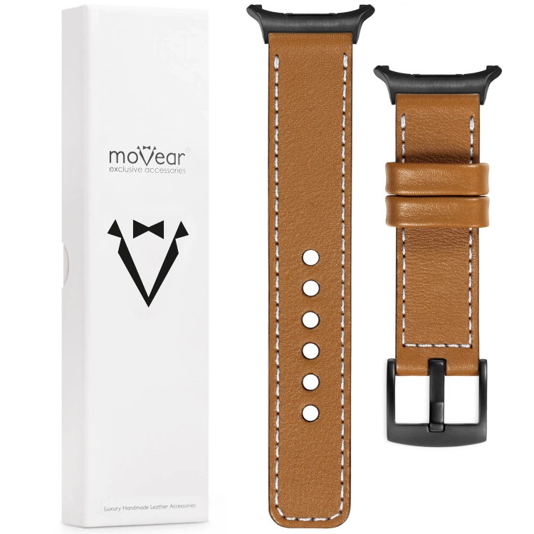 moVear Prestige C1 24mm Hellbraun Lederarmband für Samsung Galaxy Watch Ultra | Hellbraun Nähte [Größen XS-XXL und Schnalle zur Auswahl]
