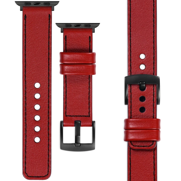 moVear Prestige C1 24mm Scarlet red Leather strap for Apple Watch 10 / 9 / 8 / 7 / 6 / 5 / 4 / SE (46/45/44mm) & Ultra (49mm) | Scarlet red stitching [sizes XS-XXL and buckle to choose from]