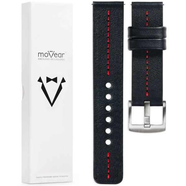 moVear Prestige C2 18mm Uhrenarmband aus Leder | Schwarz, Schwarz Nähte [Größen XS-XXL und Schnalle zur Auswahl]