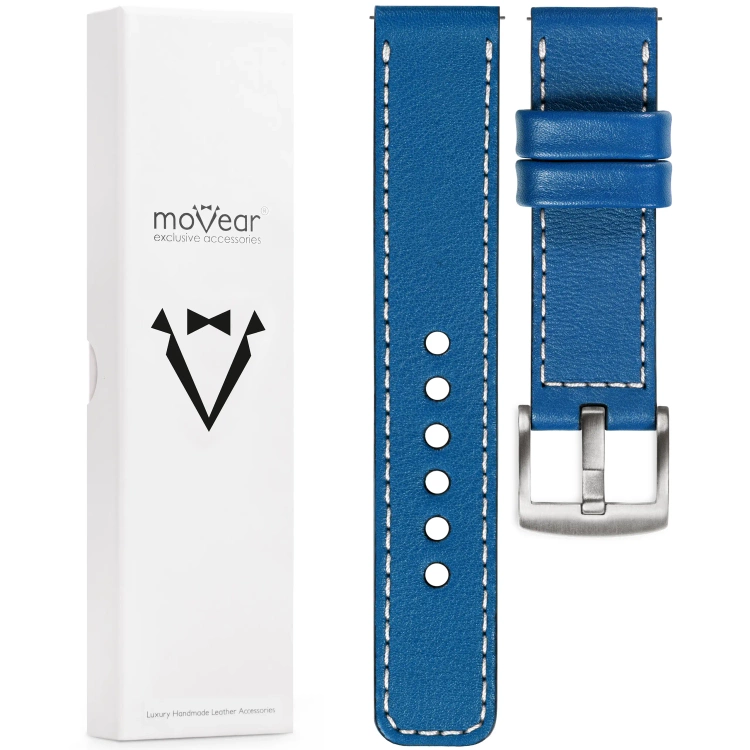 moVear Prestige C1 18mm Blue Leather strap for Garmin Vivoactive 4S, Venu 3S/2S, Vívomove 3S | Blue stitching [sizes XS-XXL and buckle to choose from]