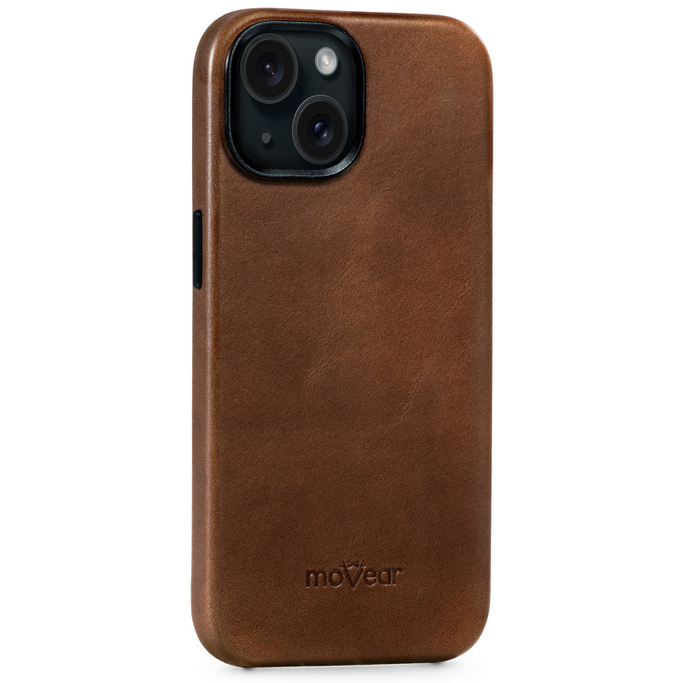 moVear [PRODUCT_MODEL] Leather back cover for Apple iPhone 15 (6,1") | MagSafe compatible, Natural oiled leather (Dark brown)