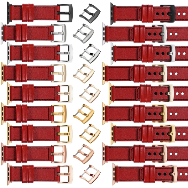 moVear Prestige C1 20mm Scarlet red Leather strap for Apple Watch 10 / 9 / 8 / 7 / 6 / 5 / 4 / SE (46/45/44mm) & Ultra (49mm) | Scarlet red stitching [sizes XS-XXL and buckle to choose from]