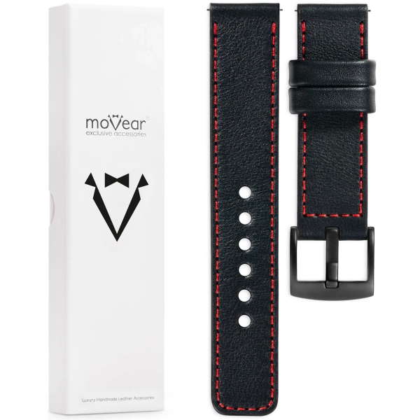 moVear Prestige C1 20mm Black Leather strap for Samsung Galaxy Watch 7 / 6 / 5 / 4 / 3 & Pro / FE / Classic / Active | Black stitching [sizes XS-XXL and buckle to choose from]