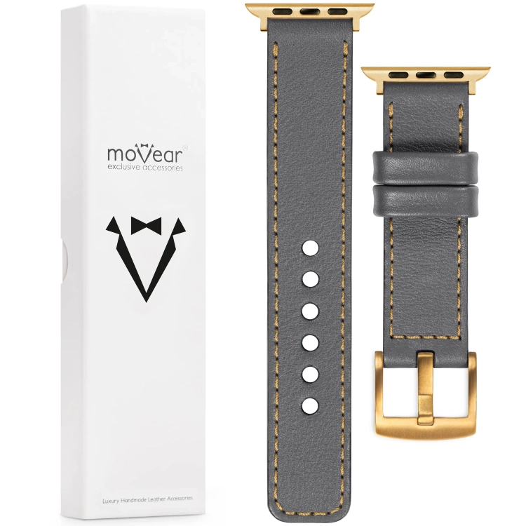 moVear Prestige C1 22mm Grau Lederarmband für Apple Watch 10 / 9 / 8 / 7 / 6 / 5 / 4 / SE (42/41/40mm) | Grau Nähte [Größen XS-XXL und Schnalle zur Auswahl]
