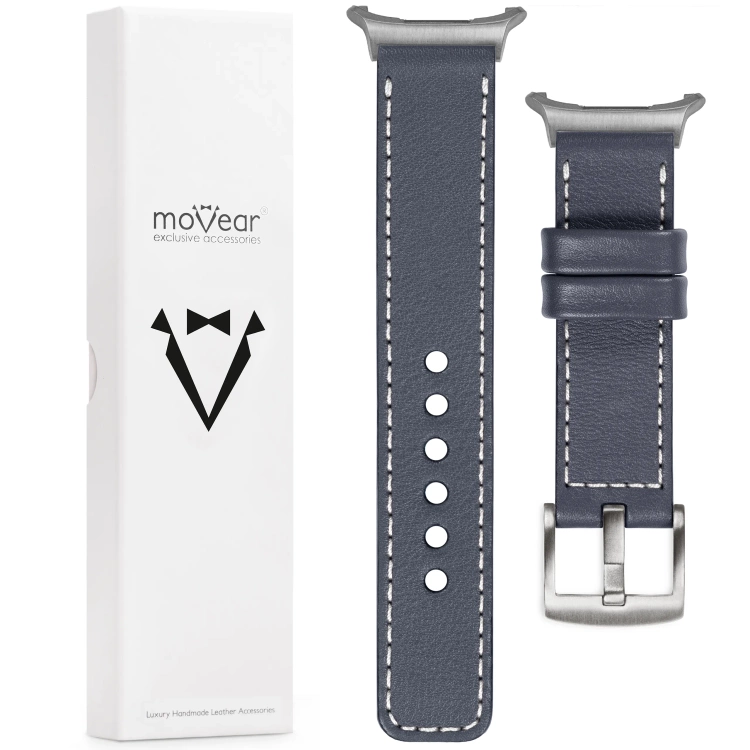 moVear Prestige C1 22mm Stahlgrau Lederarmband für Samsung Galaxy Watch Ultra | Stahlgrau Nähte [Größen XS-XXL und Schnalle zur Auswahl]