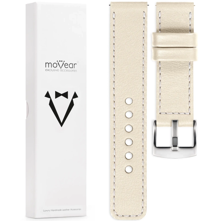 moVear Prestige C1 18mm Uhrenarmband aus Leder | Nude, Nude Nähte [Größen XS-XXL und Schnalle zur Auswahl]