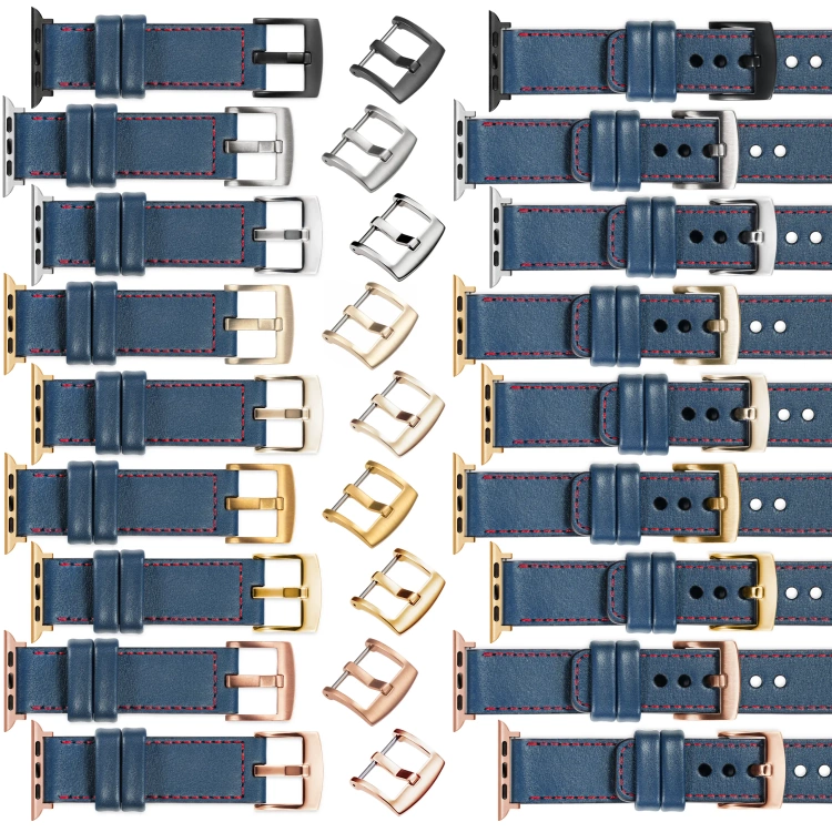 moVear Prestige C1 24mm Blaue Jeans Lederarmband für Apple Watch 10 / 9 / 8 / 7 / 6 / 5 / 4 / SE (46/45/44mm) & Ultra (49mm) | Blaue Jeans Nähte [Größen XS-XXL und Schnalle zur Auswahl]