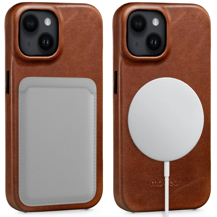 moVear flipSide 4S Ledertasche für Apple iPhone 14 (6,1") | Glatte Leder, Handy Hülle book type (Dunkelbraun)