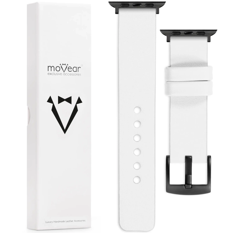 moVear Prestige S1 24mm Lederarmband für Apple Watch 10 / 9 / 8 / 7 / 6 / 5 / 4 / SE (46/45/44mm) & Ultra (49mm) Weiß [Adapter und Schnalle zur Auswahl]