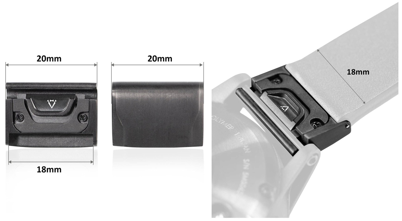 moVear | 18mm watch strap adapter for Garmin QuickFit 20mm Fenix / Instinct - 42/40mm | Black, Stainless steel +PVD