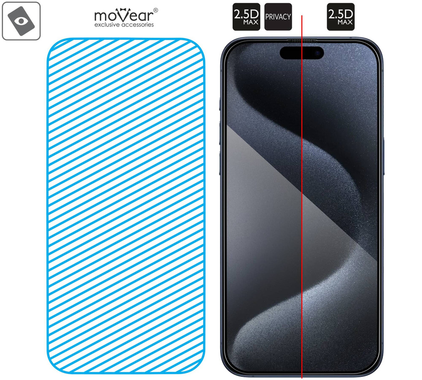 2 pcs. | moVear mBOX GLASS mSHIELD 2.5D MAX privacy for Apple iPhone 15 Pro Max (6.7") (Anti spy, with Applicator)