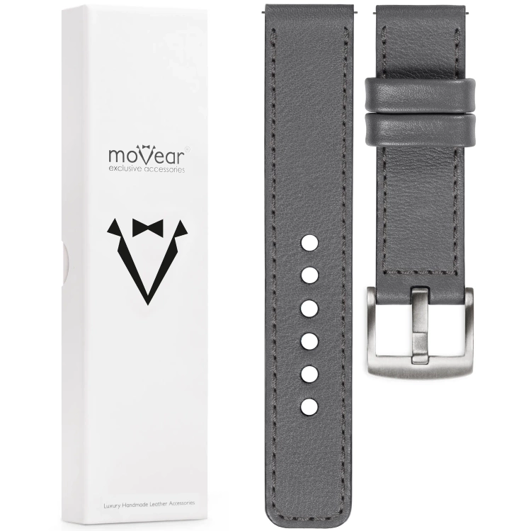 moVear Prestige C1 19mm leather watch strap | Gray, Gray stitching [sizes XS-XXL and buckle to choose from]