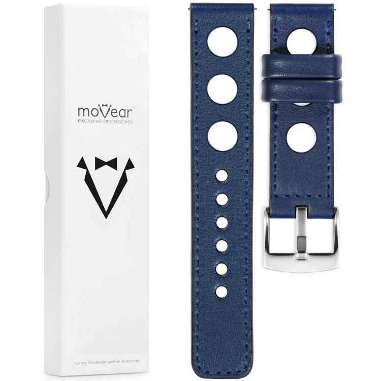moVear Prestige R1 18mm Uhrenarmband aus Leder | Navy blau, Navy blau Nähte [Größen XS-XXL und Schnalle zur Auswahl]