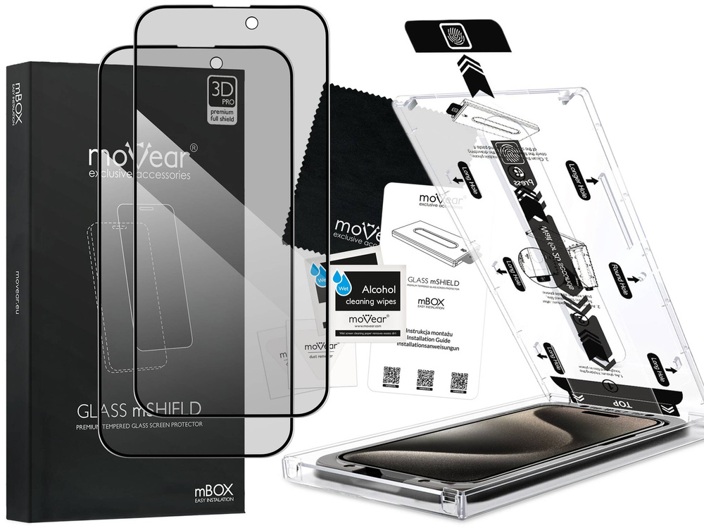 2 Stk. | moVear mBOX GLASS mSHIELD 3D PRO privacy für Apple iPhone 15 Pro (6.1") (Privatisieren, mit Applikator)