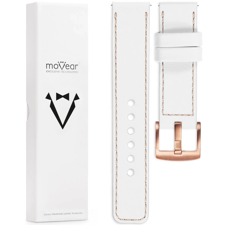 moVear Prestige C1 26mm Uhrenarmband aus Leder | Weiß, Weiß Nähte [Größen XS-XXL und Schnalle zur Auswahl]