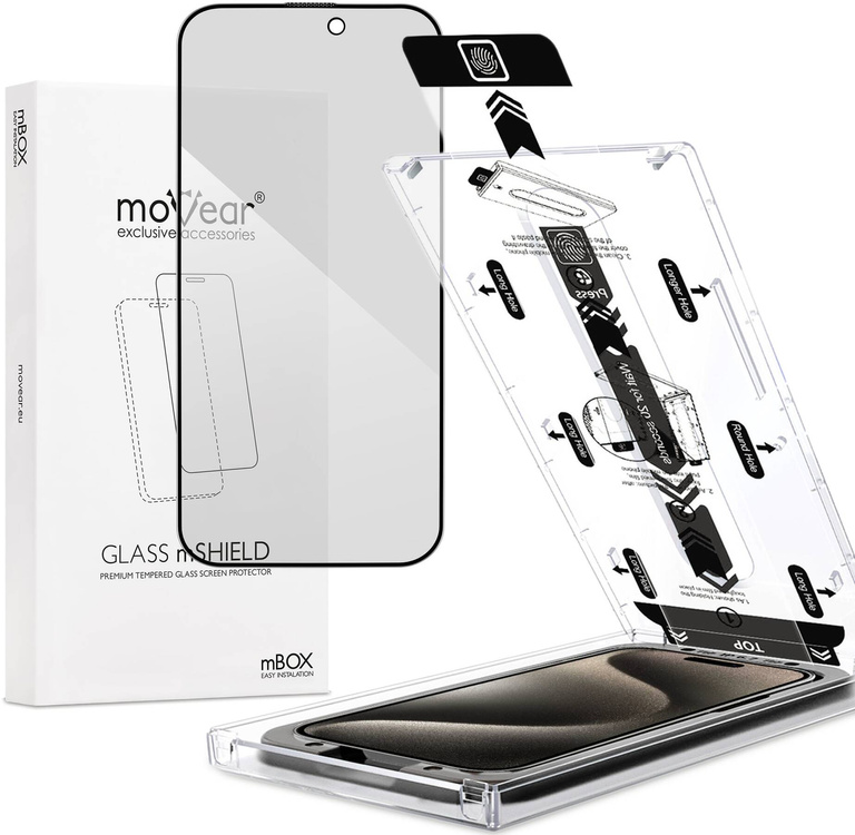 moVear mBOX GLASS mSHIELD 2.5D MAX privacy for Apple iPhone 15 Pro (6.1") (Anti spy, with Applicator)