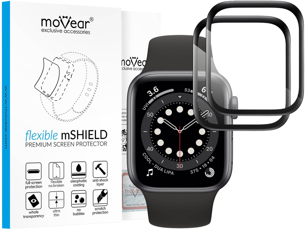 2 pcs. | moVear flexible mSHIELD 3D PRO for Apple Watch 6/5/4/SE (44mm) (1.78"). Armored hybrid glass.