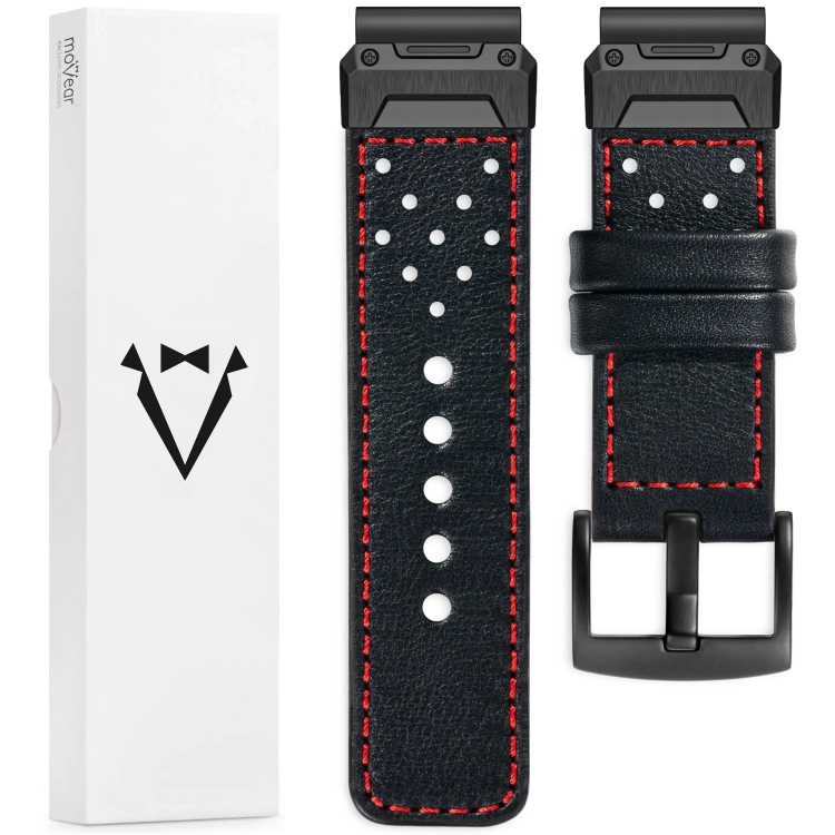 moVear Prestige R3X Leather strap for Garmin QuickFit 22mm (Fenix / Forerunner / Epix / Instinct / Enduro / Quatix / MARQ - 47/45mm) Black, Black stitching [sizes XS-XXL and buckle to choose from]
