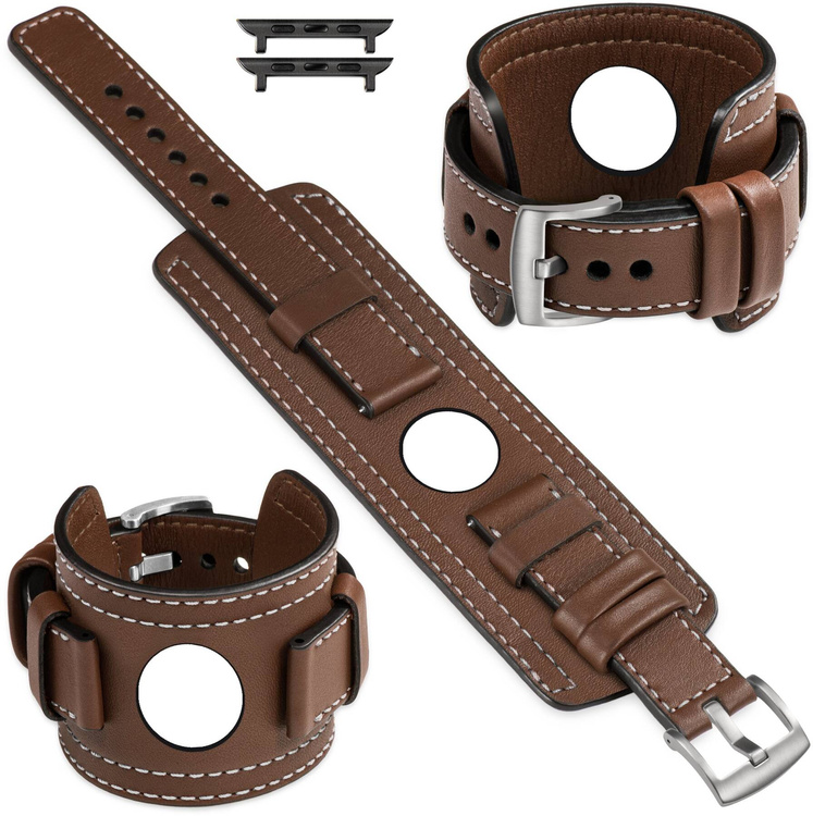 moVear Prestige CW1 24mm Wide leather watch strap with pad for Apple Watch 10 / 9 / 8 / 7 / 6 / 5 / 4 / SE (46/45/44mm) & Ultra (49mm) | Dark brown, Dark brown stitching [sizes XS-XXL and buckle to choose from]