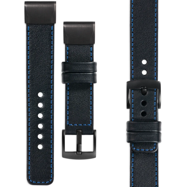 moVear Prestige C1 Leather strap for Garmin QuickFit 20mm (Fenix / Instinct - 43/42/40mm) Black, Black stitching [sizes XS-XXL and buckle to choose from]