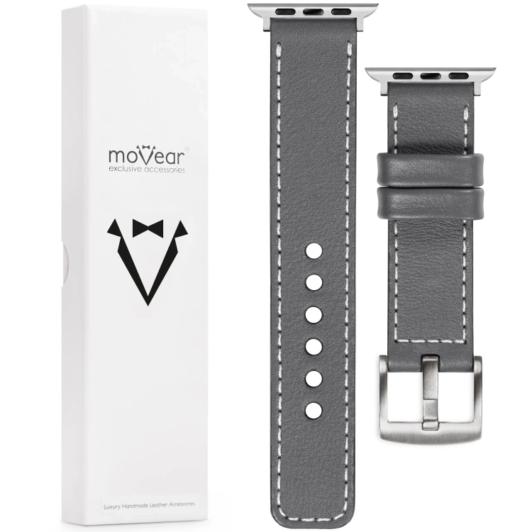 moVear Prestige C1 20mm Grau Lederarmband für Apple Watch 10 / 9 / 8 / 7 / 6 / 5 / 4 / SE (42/41/40mm) | Grau Nähte [Größen XS-XXL und Schnalle zur Auswahl]