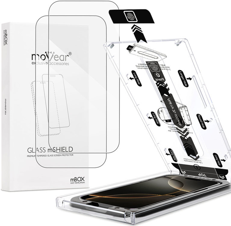 2 pcs. | moVear mBOX GLASS mSHIELD 2.5D for Apple iPhone 17 Pro / 17 / 16 Pro (6.3") (easy installation)