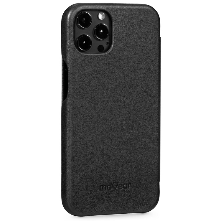 moVear flipSide S Ledertasche für Apple iPhone 12 Pro / 12 (6.1") | Glatte Leder, Handy Hülle book type (Schwarz)