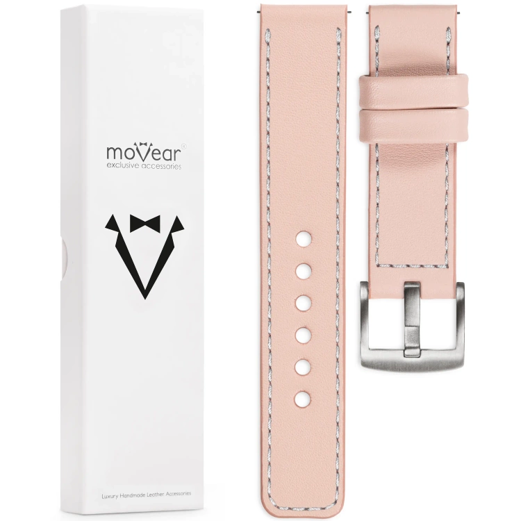 moVear Prestige C1 22mm Flesh pink Leather strap for Garmin Vivoactive 4, Venu 3/2 | Flesh pink stitching [sizes XS-XXL and buckle to choose from]