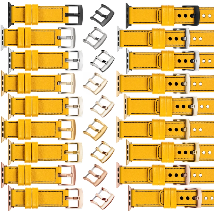 moVear Prestige C1 22mm Gelb Lederarmband für Apple Watch 10 / 9 / 8 / 7 / 6 / 5 / 4 / SE (46/45/44mm) & Ultra (49mm) | Gelb Nähte [Größen XS-XXL und Schnalle zur Auswahl]