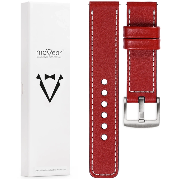 moVear Prestige C1 20mm Scarlet red Leather strap for Garmin Vivoactive 5/3, Vivomove 3, Venu 2 | Scarlet red stitching [sizes XS-XXL and buckle to choose from]