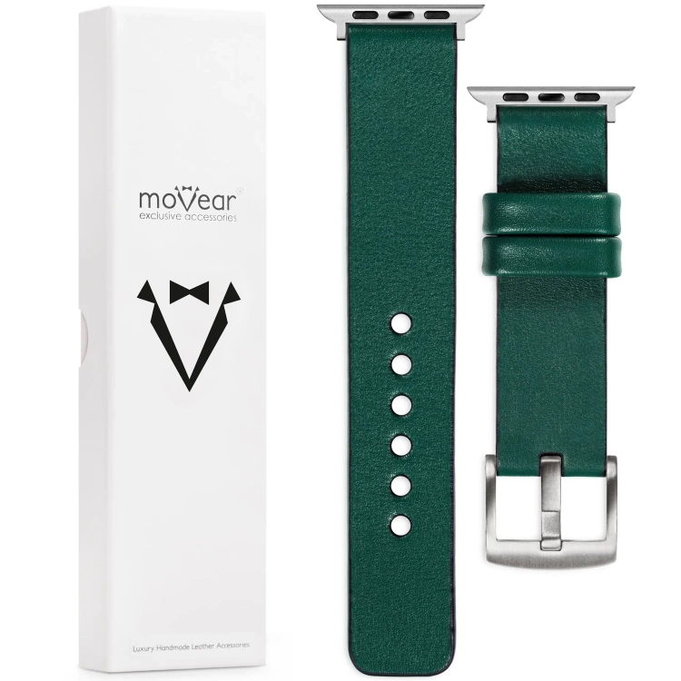 moVear Prestige S1 22mm Lederarmband für Apple Watch 10 / 9 / 8 / 7 / 6 / 5 / 4 / SE (42/41/40mm) Flaschengrün [Adapter und Schnalle zur Auswahl]