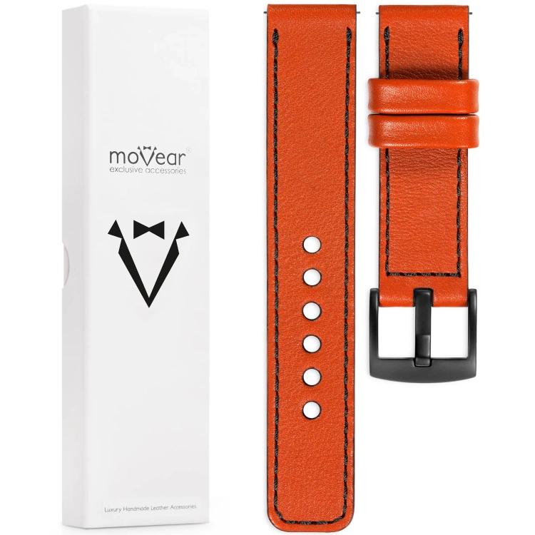 moVear Prestige C1 22mm leather watch strap | Orange, Orange stitching [sizes XS-XXL and buckle to choose from]