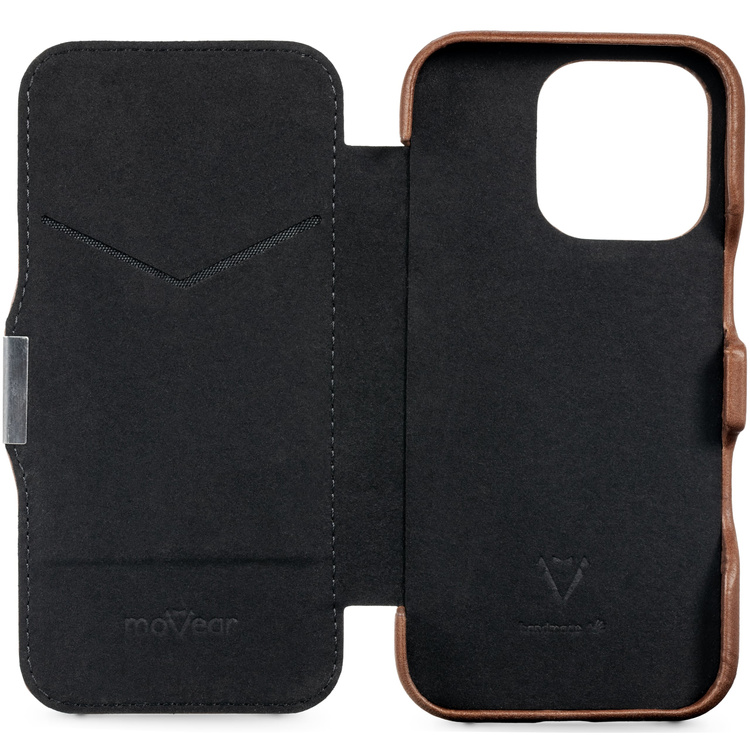 moVear flipSide 4C Leder Handyhülle für Apple iPhone 16 Pro (6.3") | Naturgeöltes Leder (Dunkelbraun)