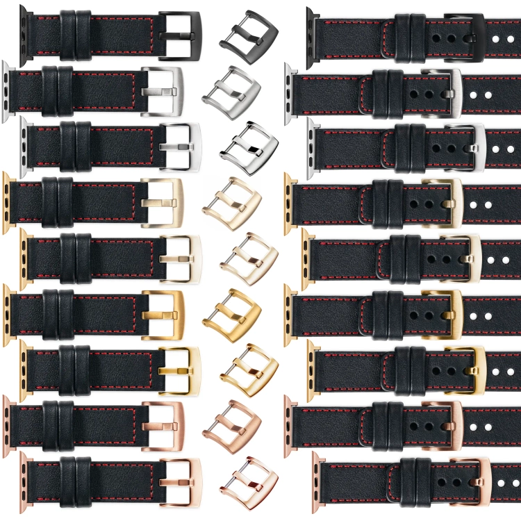 moVear Prestige C1 20mm Schwarz Lederarmband für Apple Watch 10 / 9 / 8 / 7 / 6 / 5 / 4 / SE (46/45/44mm) & Ultra (49mm) | Schwarz Nähte [Größen XS-XXL und Schnalle zur Auswahl]