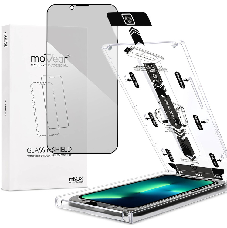 moVear mBOX GLASS mSHIELD 2.5D MAX privacy for Apple iPhone 16e / 14 / 13 / 13 Pro (6.1") (Anti spy, with Applicator)
