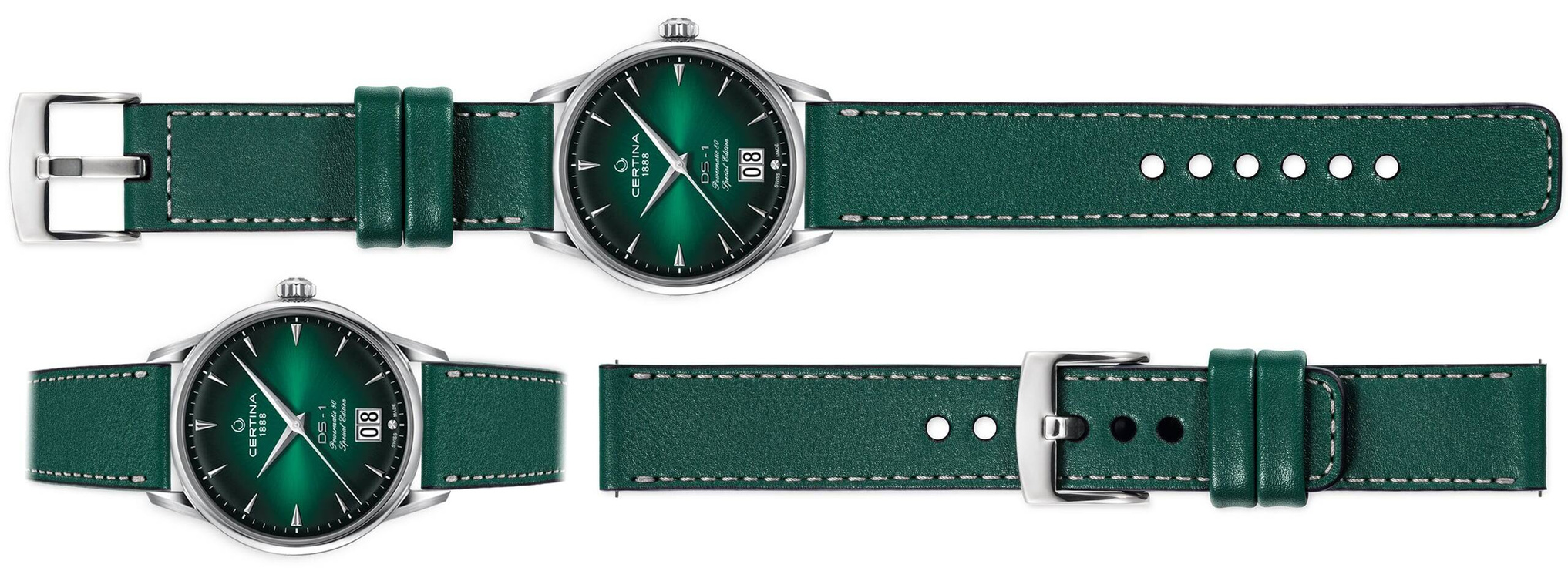 moVear Prestige C1 20mm Bottle green Leather strap for Certina DS-1 Big Date C029.426.11.091.60 | Bottle green stitching [sizes XS-XXL]