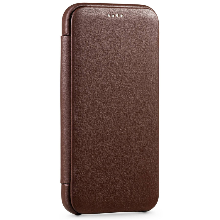 moVear flipSide S Ledertasche für Apple iPhone 12 Pro / 12 (6.1") | Glatte Leder, Handy Hülle book type (Dunkelbraun)