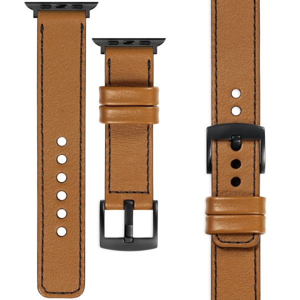 moVear Prestige C1 22mm Light brown Leather strap for Apple Watch 10 / 9 / 8 / 7 / 6 / 5 / 4 / SE (46/45/44mm) & Ultra (49mm) | Light brown stitching [sizes XS-XXL and buckle to choose from]