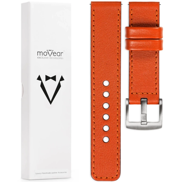 moVear Prestige C1 20mm Orange Lederarmband für Samsung Galaxy Watch 7 / 6 / 5 / 4 / 3 & Pro / FE / Classic / Active | Orange Nähte [Größen XS-XXL und Schnalle zur Auswahl]