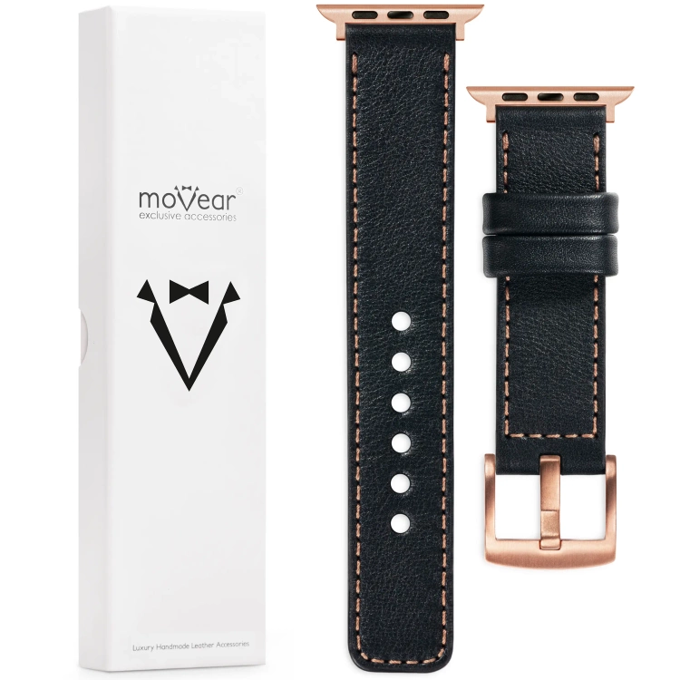 moVear Prestige C1 20mm Schwarz Lederarmband für Apple Watch 10 / 9 / 8 / 7 / 6 / 5 / 4 / SE (42/41/40mm) | Schwarz Nähte [Größen XS-XXL und Schnalle zur Auswahl]