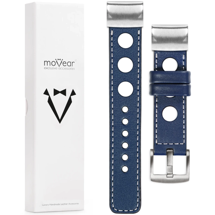 moVear Prestige R1 Leather strap for Garmin QuickFit 26mm (Fenix / Epix / Quatix / Tactix / Enduro - 51mm) Navy blue, Navy blue stitching [sizes XS-XXL and buckle to choose from]