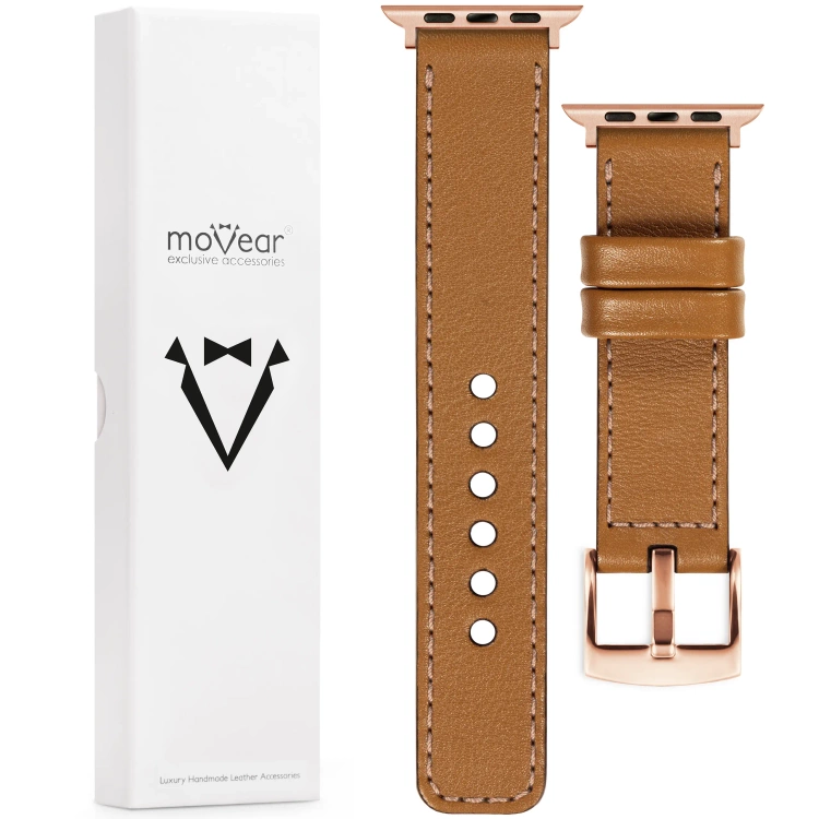 moVear Prestige C1 20mm Hellbraun Lederarmband für Apple Watch 10 / 9 / 8 / 7 / 6 / 5 / 4 / SE (42/41/40mm) | Hellbraun Nähte [Größen XS-XXL und Schnalle zur Auswahl]