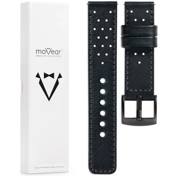 moVear Prestige R2 20mm Uhrenarmband aus Leder | Schwarz, Schwarz Nähte [Größen XS-XXL und Schnalle zur Auswahl]