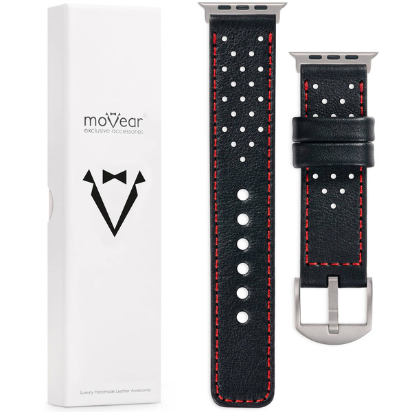 moVear Prestige R2T (Rally) Leather Band 26mm for Apple Watch Ultra 49mm with Titanium Adapter and Buckle | Black, Black Stitching [Sizes XS-XXL and Buckle Choice]