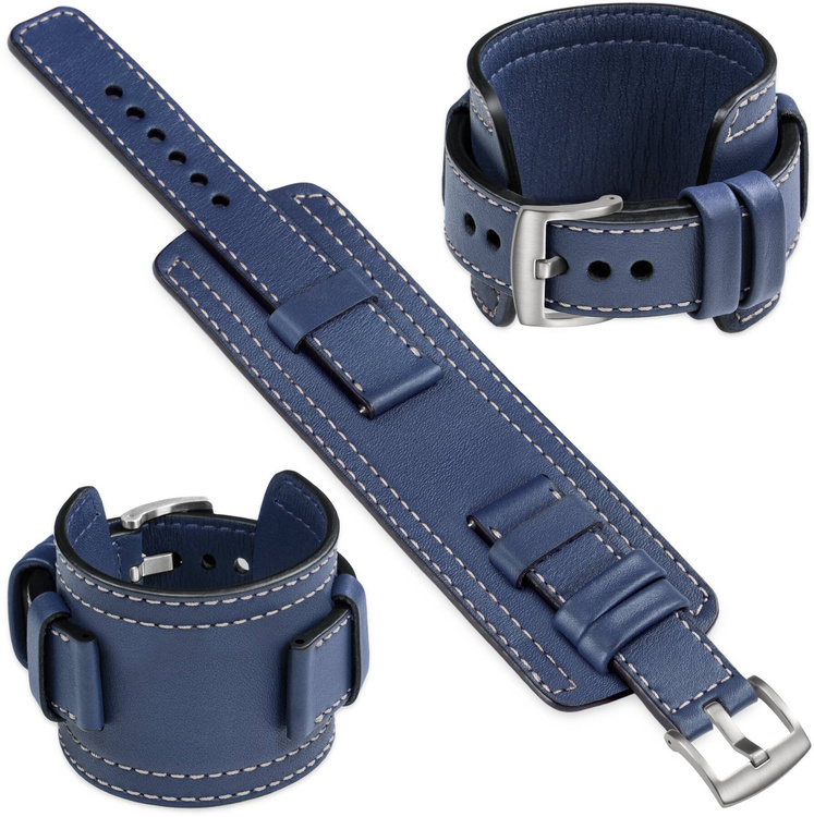 moVear Prestige CW1 20mm Wide leather watch strap with pad for Samsung Galaxy Watch 7 / 6 / 5 / 4 / 3 & Pro / FE / Classic / Active | Navy blue, Navy blue stitching [sizes XS-XXL and buckle to choose from]