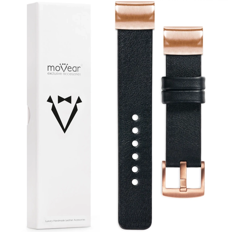 moVear Prestige S1 Lederarmband für Garmin QuickFit 20mm (Fenix / Instinct - 43/42/40mm) Schwarz [Schließe nach Wahl]